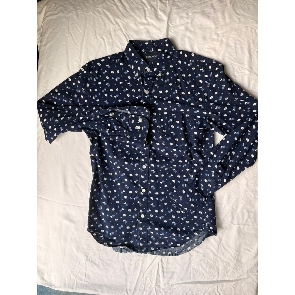 Bonobos Slim Fit Navy Blue Floral Cotton Button Down Shirt Mens XS Long Sleeve